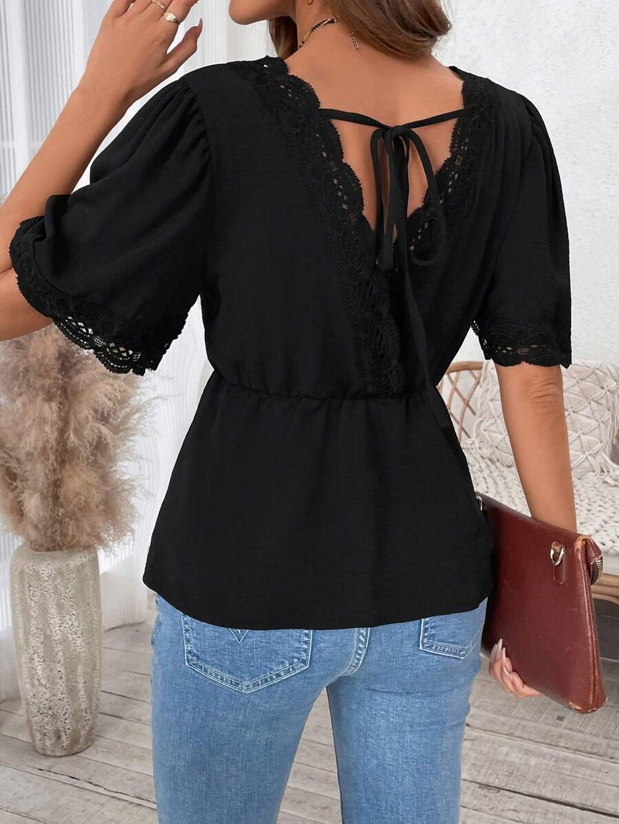 INAWLY Women's Solid Color Lace Trim Ruched Waist Puff Sleeve Blouse - Black - View 1