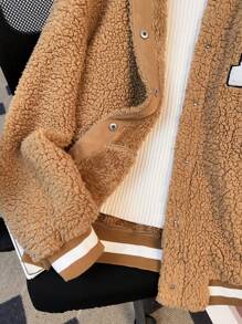 SHEIN Teen Girl's Brown Reversible Plush Ribbed Letter Logo Oversized College Baseball Jacket - Brown - View 10