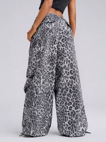 SHEIN EZwear Quần ống đứng cạp thấp họa tiết da báo cho nữ - Xám - Xem 3