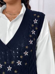 Calvaya Plus Size Women's Summer Floral Embroidery V-Neck Casual Sweater Vest - Navy Blue - View 6