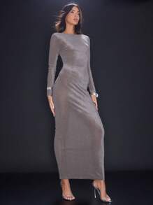 MUSERA 外出连衣裙 长袖系带露背长款假日派对连衣裙 优雅春夏度假秋季长裙 - 灰色 - 查看 3