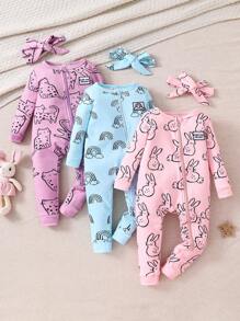 Ensemble de 3 pièces : Combinaison et bandeau minimaliste avec imprimé lapin pour bébé fille, coupe ajustée, pour un porter casual - Multicolore - Voir 1