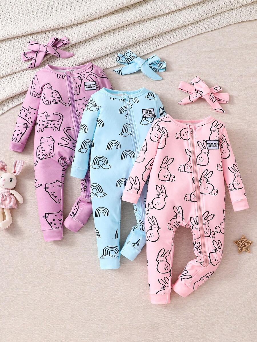 Ensemble de 3 pièces : Combinaison et bandeau minimaliste avec imprimé lapin pour bébé fille, coupe ajustée, pour un porter casual - Multicolore - Voir 1