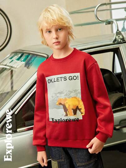 Boys Crew Neck Long Sleeve Print Minimalist Pullover Sweatshirt, Casual Everyday Wear