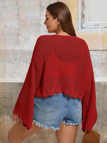 SHEIN VCAY Plus Size Women Front Tie Solid Color Drop Shoulder Long Sleeve Cropped Cardigan, Autumn - Red - View 2