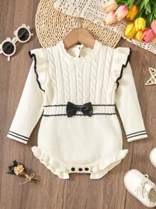Baby Girls Solid Color Sweater With Elegant Floral Pattern, Bow Decor And Ruffle Trim, Soft And Suitable For Daily, Outing, Travel, Vacation, Home, Daycare, Playing, And School Occasions - White - View 1