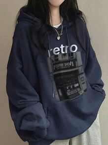 DAZY 女士连帽字母印花宽松口袋抓绒卫衣，长袖上衣，秋季服装，冬季