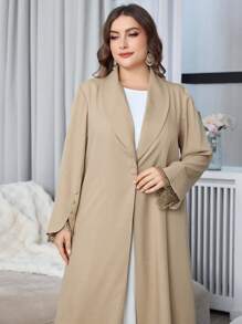 Al Najma 大码独特翻领风格阿拉伯长袍夹克，带蕾丝袖口，优雅的阿拉伯长袍连衣裙，适合工作/休闲日常/晚间活动 - 杏色 - 查看 4