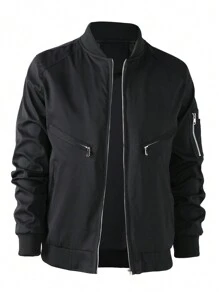 Manfinity LEGND Men's Casual Bomber Jacket, Solid Color Outdoor Workwear Jacket - Black - View 1