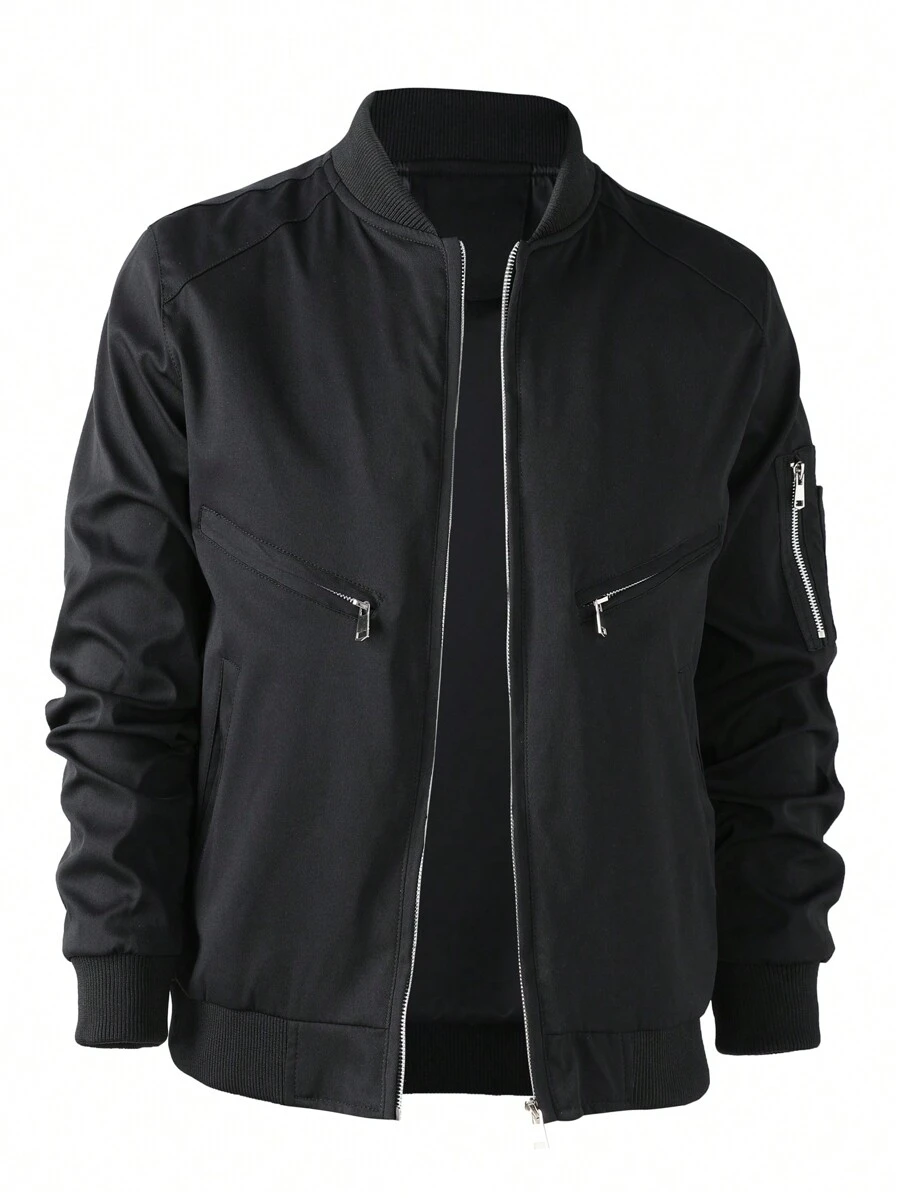 Manfinity LEGND Men's Casual Bomber Jacket, Solid Color Outdoor Workwear Jacket - Black - View 1