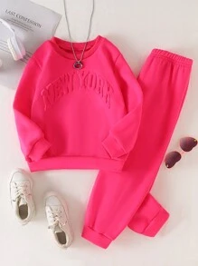 SHEIN Explorewe 2 bộ trang phục thể thao giản dị tối giản cho bé gái - Áo nỉ dài tay cổ tròn rộng rãi họa tiết lông cừu và quần thể thao lót nhiệt màu trơn cạp chun, mùa thu/đông - Màu Hồng Tươi - Xem 6
