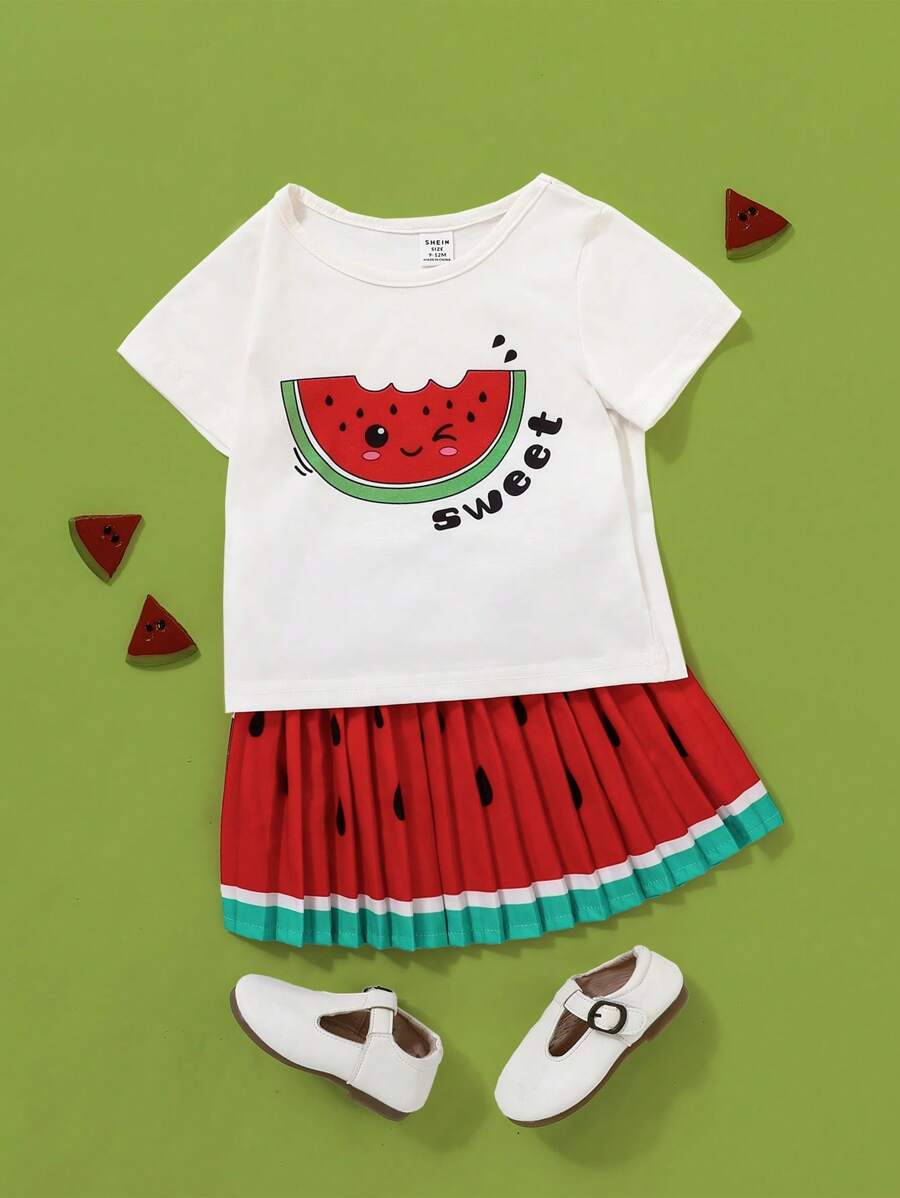 SHEIN Bộ váy in hình dưa hấu giản dị và thoải mái cho bé gái có diềm xếp, hoàn hảo để mặc hàng ngày, xuân hè - Đỏ - Xem 1