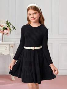 SHEIN Girlism Váy chữ A hai lớp cổ tròn ôm sát thời trang thu đông đa năng cho bé gái tuổi mới lớn - màu đen - Xem 5