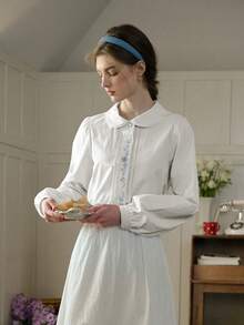 Simple Retro Women Queen Collar Embroidery Casual Shirt - White - View 7
