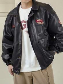 DAZY Men Letter Print Black Leather Jacket, Autumn - Black - View 5