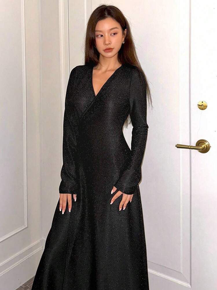 Women V-Neck Simple Crossover Design Long Sleeve Lounge Dress Pajama