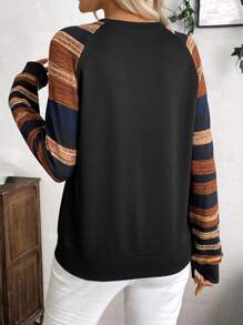 EMERY ROSE Women Casual Striped Splice Raglan Sleeve Sweatshirt, Autumn - Black - View 2