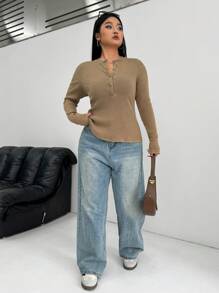 SHEIN EZwear 大码女式复古做旧酸洗圆领半拉链长袖T恤，秋冬款 - 卡其色 - 查看 4