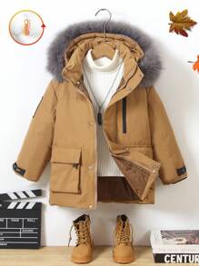 SHEIN Kids Mid-Length Down Jacket, 2024 New Arrivals, Boys/Girls, Toddlers, Thickened Work Wear Down Coat