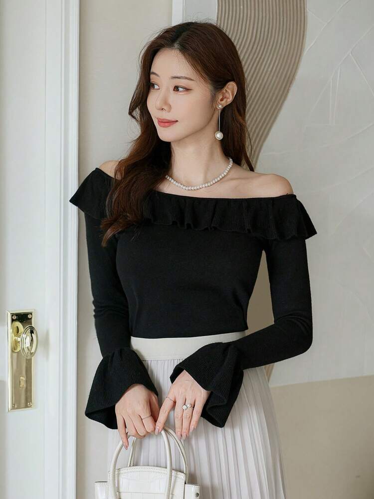 Women Ruffle Collar & Ruffle Cuff Fitted Knit Sweater,Fall Clothes Off Shoulder Top
