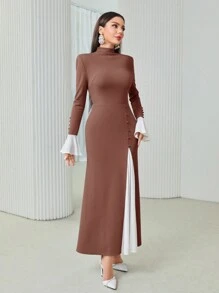 Modelyn 女士休闲优雅拼色高领收腰鱼尾下摆朴素长袖连衣裙，秋季长款晚礼服 - 藕粉色 - 查看 4