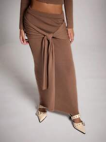 SHEIN BAE 1set Women Solid Color Twist Ribbed Knit Maxi Sweater With Skirt Brown Vintage Warm And Skin-Friendly Soft Strappy Sweater Skirt Mermaid Skirt Hollowed Costumes Thanksgiving Women Outfit Halloween Women Costumes Women Costumes Concert Women Outfit