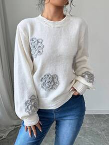 SHEIN Unity Women Floral Pattern Round Neck Casual Fashionable Long Sleeve Knit Sweater Top, Knit Pullover Fall Winter - White - View 7