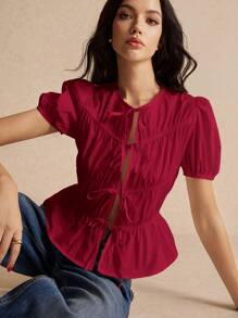 Poéselle 女士纯色简约日常系带袖泡泡袖衬衫，系带衬衫，泡泡袖，秋季衬衫，100% 纯棉，外套，娃娃装上衣，蝴蝶结衬衫，女士衬衫，商务休闲女装 - 玫瑰紅 - 查看 3
