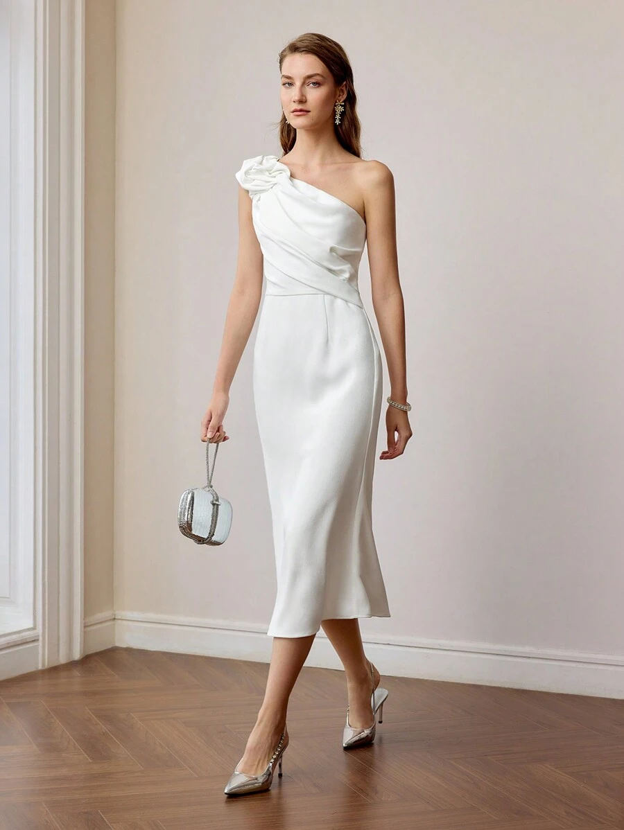 MOTF PREMIUM 单肩褶饰侧边鱼尾下摆连衣裙