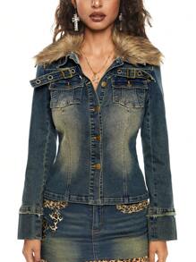 ROMWE Grunge Punk Y2K Vintage Distressed Wash Patchwork Fluffy Collar Denim Jacket - Blue - View 5