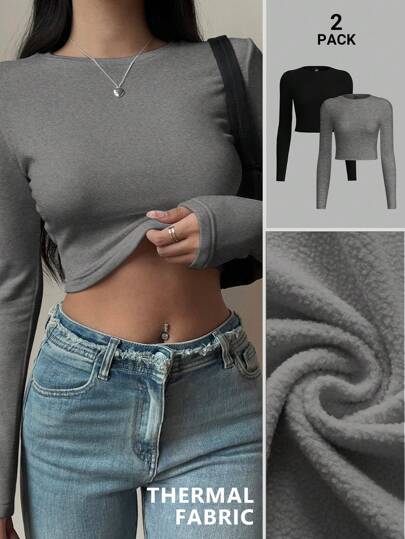SHEIN BASICS 2 piezas Camiseta de mujer cuello redondo de punto liso de manga larga corta y ajustada, tejido cálido mejorado, forrado térmico sin ser voluminoso, básico elástico y versátil para otoño e invierno