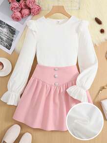 SHEIN 2pcs/Set Teen Girl Thermal Base Layer Ruffle Hem Long Sleeve T-Shirt And Skirt, Elegant - Pink - View 1