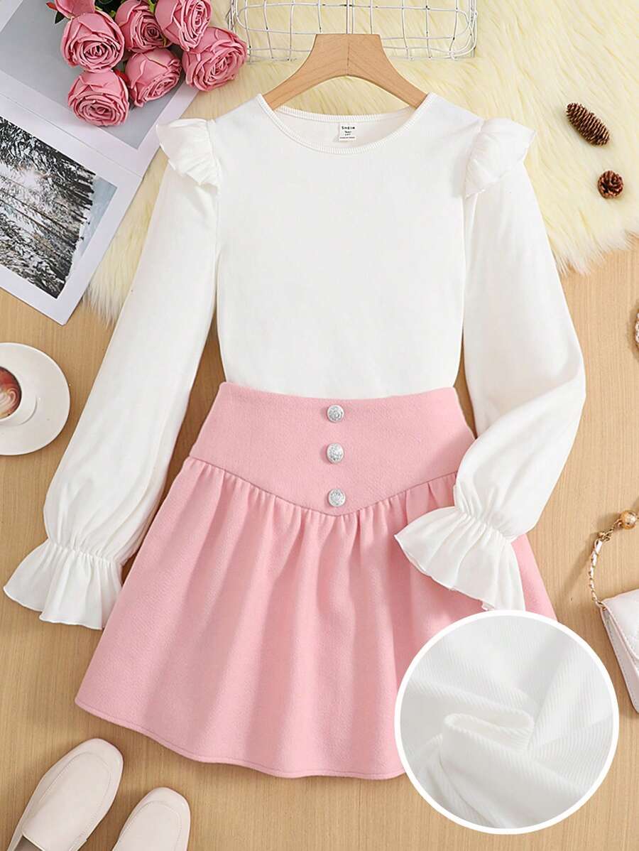 SHEIN 2pcs/Set Teen Girl Thermal Base Layer Ruffle Hem Long Sleeve T-Shirt And Skirt, Elegant - Pink - View 1