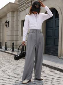 Aveloria Women's Autumn/Winter Business Casual Pleated High Waist Wide Leg Suit Pants - Grey - View 3