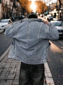 Manfinity Roghcode Áo khoác denim nam dáng rộng thoải mái có lót nhiệt, mùa thu/đông - Màu xanh lam - Xem 2