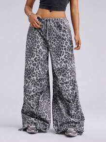 SHEIN EZwear Quần ống đứng cạp thấp họa tiết da báo cho nữ - Xám - Xem 2