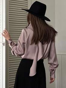 DAZY Women's Solid Color Bow Tie Neck Loose Blouse,Fall Clothes Long Sleeve Top - Baby Pink - View 2