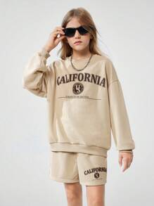 SHEIN 2 件套 Tween Girl 休闲字母印花杏色连帽衫和短裤套装，适合秋季 - 杏色 - 查看 5