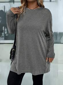 EMERY ROSE Plus Size Women Solid Color Round Neck Drop Shoulder Long Sleeve Pocket Loose Casual T-Shirt, Autumn - Dark Grey - View 3