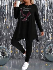 SHEIN LUNE 2 件套大码水钻字母印花长袖上衣和紧身裤，休闲秋季服装