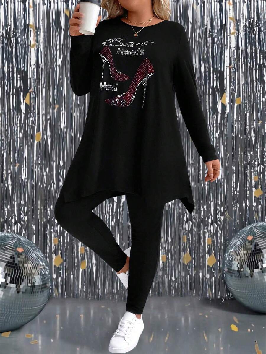 SHEIN LUNE 2 件套大码水钻字母印花长袖上衣和紧身裤，休闲秋季服装