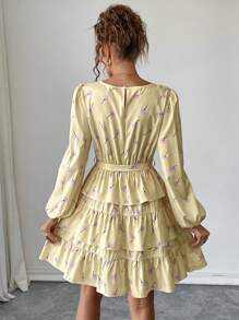 Chiquease Vestido elegante de mujer con cuello redondo, mangas farol, volantes en el bajo y estampado floral - Amarillo - Ver 2