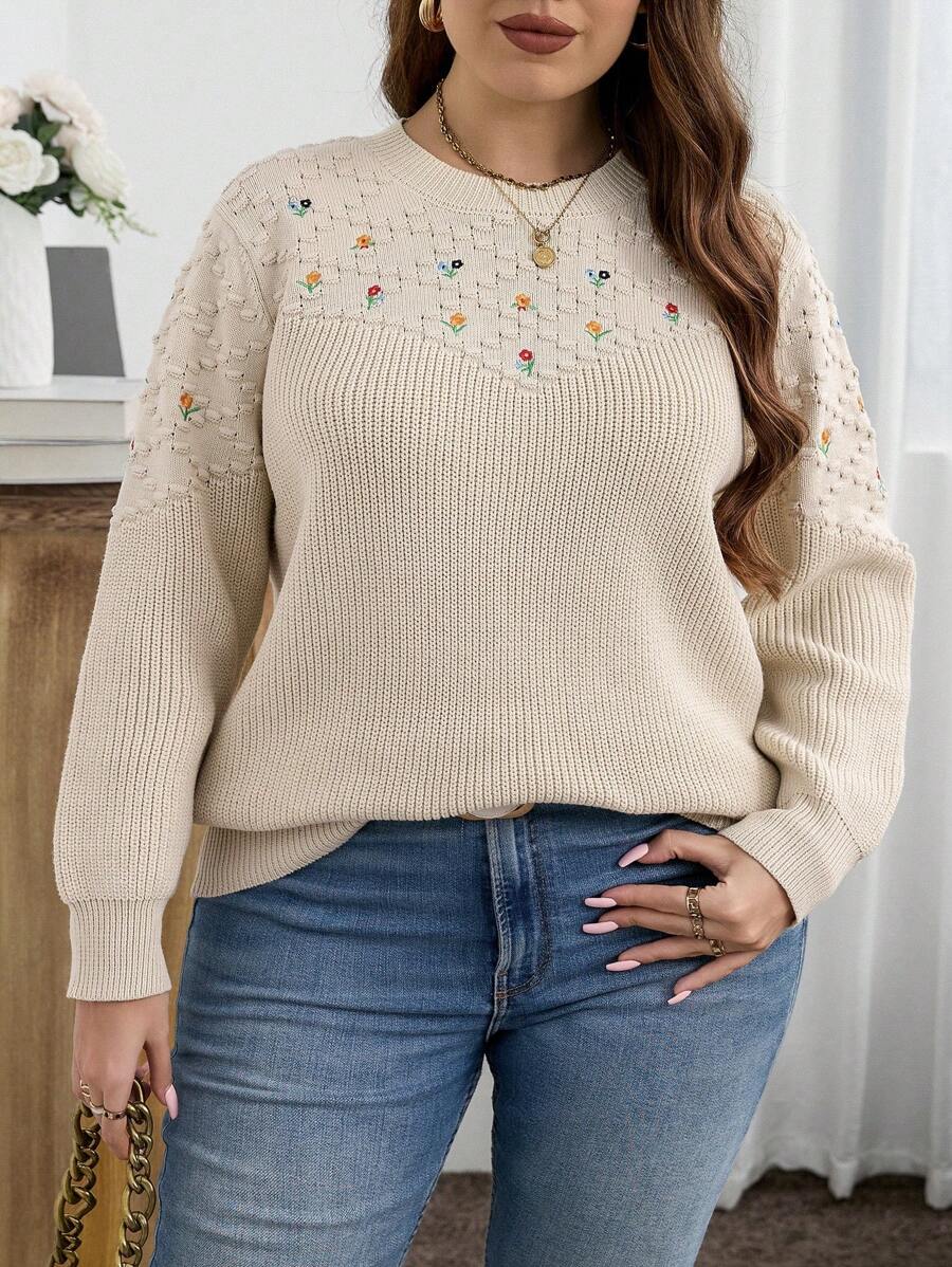 SHEIN LUNE 大码女式花卉刺绣圆领长袖休闲套头衫，适合冬季 - 白色 - 查看 1