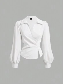 SHEIN MOD Plus Size Women's V Neck Wrap Front Blouse With Lantern Sleeve