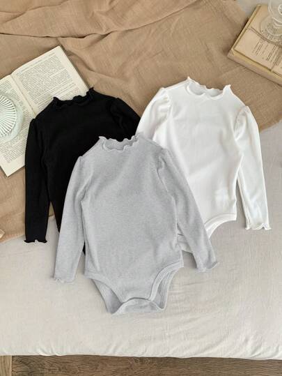 SHEIN LMoss Kids LMoss 3件套新生女宝宝可爱纯色针织弹力按扣裆部连体衣套装，适合秋冬季穿着