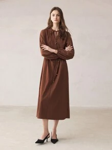 BizChic 女士纯色抽绳灯笼袖优雅工作连衣裙，女士长袖秋冬连衣裙，圣诞服装 - 咖啡棕 - 查看 5