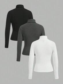 SHEIN EZwear 3 件套女士针织高领长袖保暖 T 恤套装 - 彩色 - 查看 2