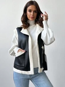 Firerie Elegant & Fashionable Versatile Black Warm Sherpa Fleece Sleeveless PU Vest, Autumn/Winter,Fall And Winter,Casual,Black And White,PU, - Black - View 7