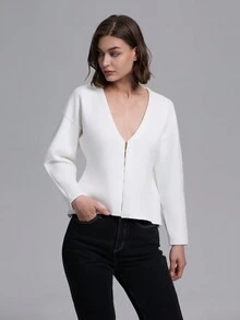 Women's Solid V-Neck Loose Batwing Cardigan - White - View 4