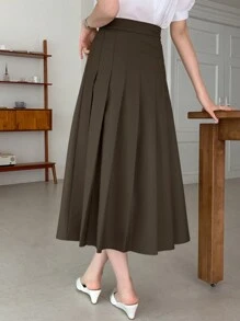 DAZY Women Casual Solid Color Pleated Mid-Length Skirt, For Everyday Wear In Autumn - Chocolate Brown - View 2